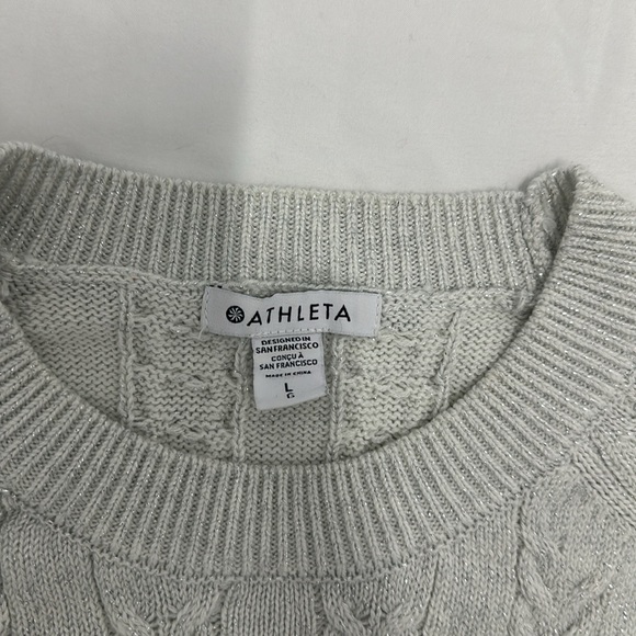 Athleta Crossroads Crew Sweater. Bright White Metallic Cable Knit Wool Blend - Picture 2 of 7